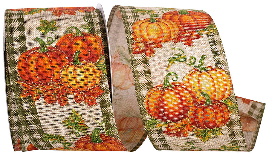 Moss Glitter Gingham Wired Edge Ribbon 2-1/2 Inch Pumpkin Patch