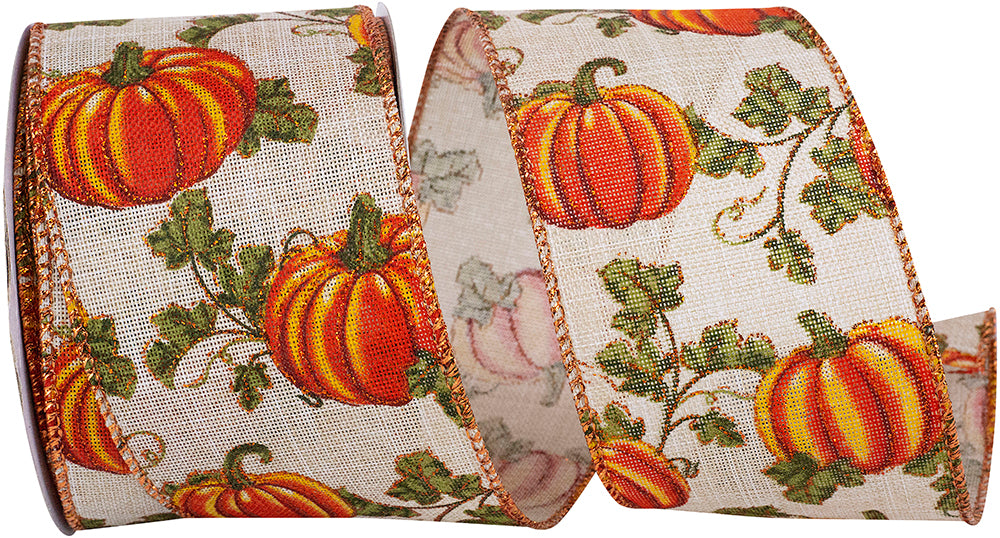 Natural Pumpkin Vine Glitter Linen Wired Edge Ribbon 2-1/2 Inch