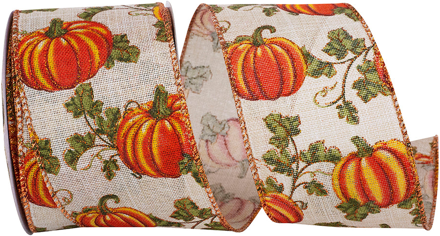 Natural Pumpkin Vine Glitter Linen Wired Edge Ribbon 2-1/2 Inch
