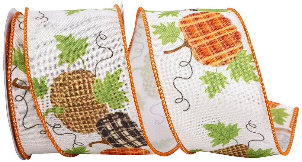 White 2-1 2 Inch Pumpkin Patterns Muslin Wired Edge Ribbon for Wreaths & Bows