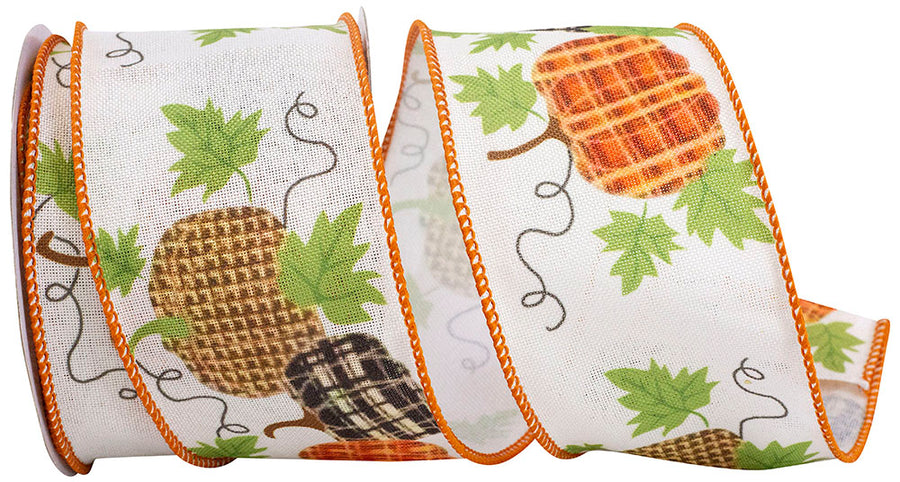 White 2-1 2 Inch Pumpkin Patterns Muslin Wired Edge Ribbon for Wreaths & Bows
