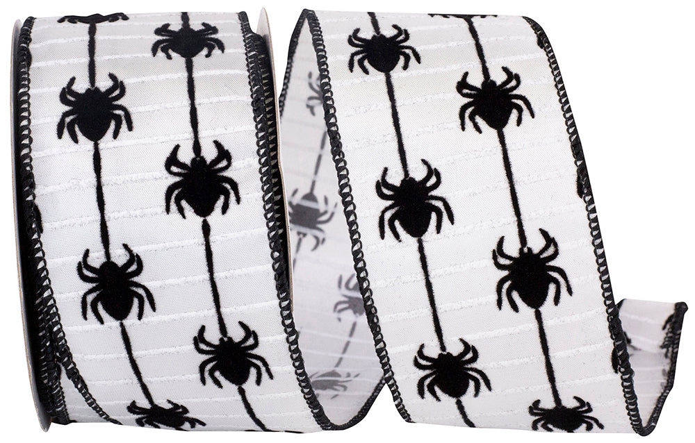 White Black 2-1 2 Inch Spider Crawlers Flocked Wired Edge Ribbon for Wreaths & Bows