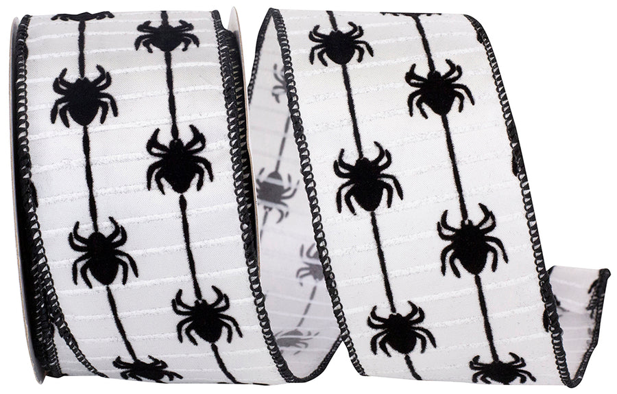 White Black 2-1 2 Inch Spider Crawlers Flocked Wired Edge Ribbon for Wreaths & Bows