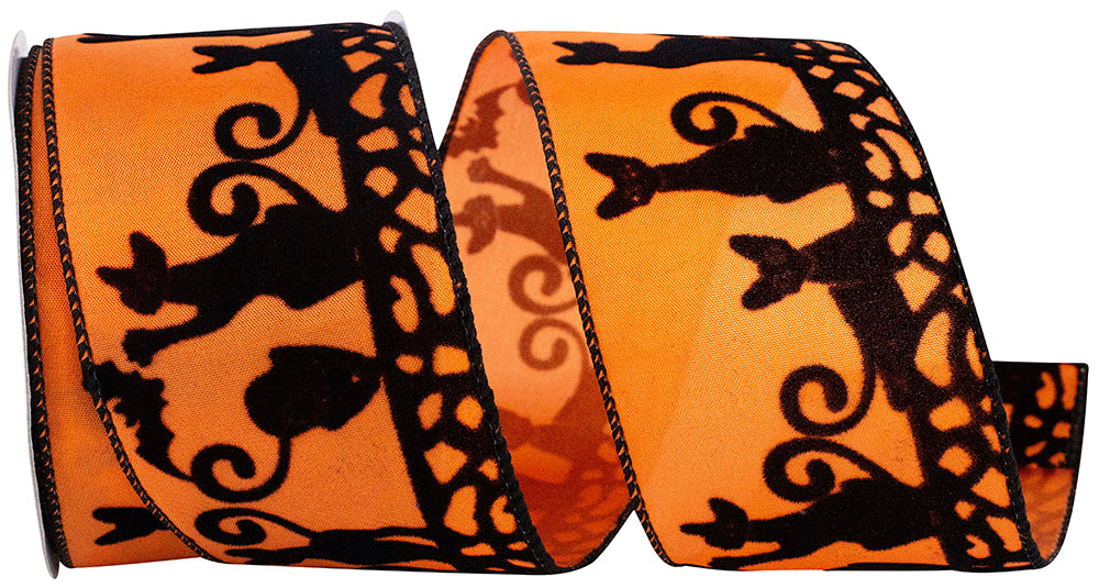Orange Black 2-1 2 Inch Cats Flocked Wired Edge Ribbon for Wreaths & Bows
