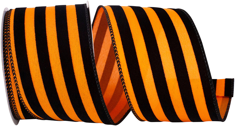 Orange Black 2-1 2 Inch Halloween Stripes Flocked Wired Edge Ribbon for Wreaths & Bows