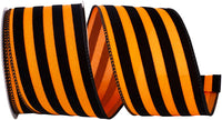 Orange Black 2-1 2 Inch Halloween Stripes Flocked Wired Edge Ribbon for Wreaths & Bows