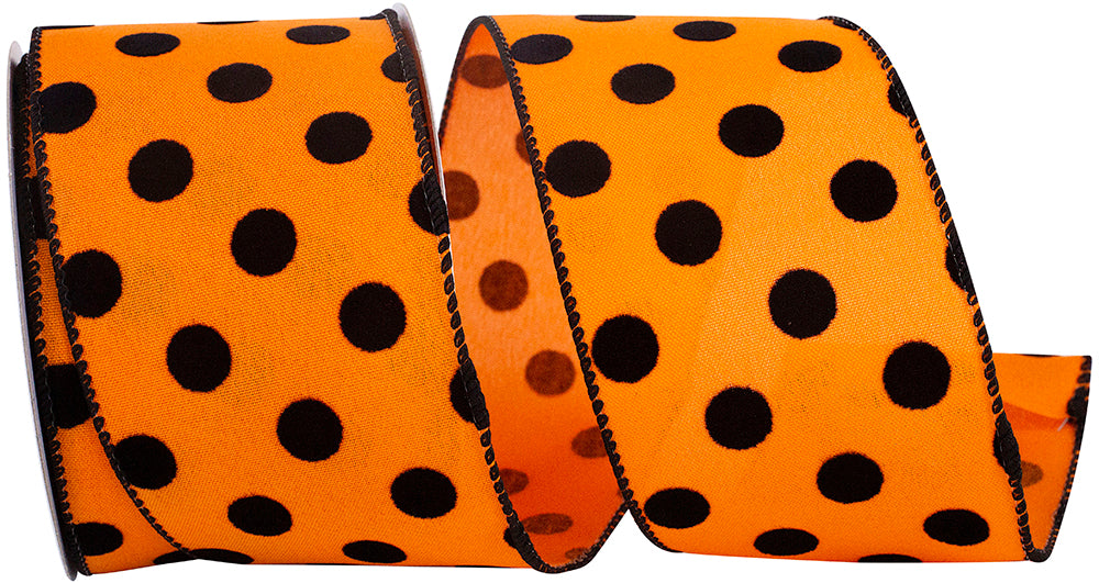 Orange Black 2-1 2 Inch Jumbo Dot Flocked Wired Edge Ribbon for Wreaths & Bows