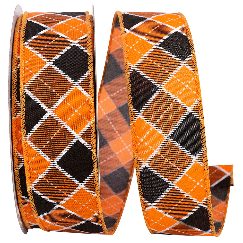 Orange Black 1-1 2 Inch Check Diamond Season Wired Edge Ribbon for Wreaths & Bows