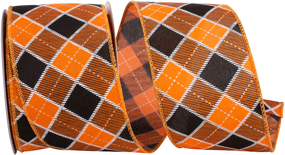 Orange Black 2-1 2 Inch Check Diamond Season Wired Edge Ribbon for Wreaths & Bows
