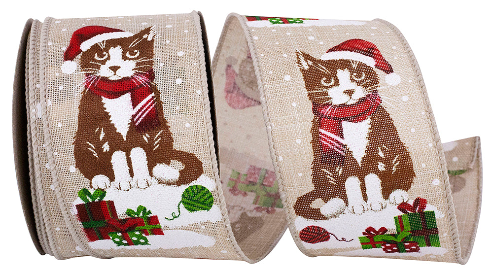 Natural 2-1 2 Inch Christmas Kittens Sparkle Wired Edge Ribbon for Wreaths & Bows