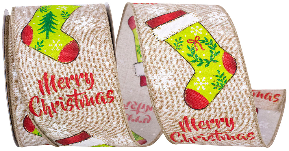 Natural 2-1 2 Inch Stocking Merry Christmas Linen Wired Edge Ribbon for Wreaths & Bows