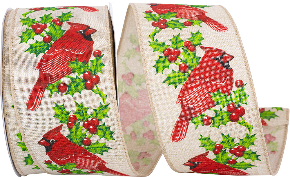 Natural 2-1 2 Inch Cardinal Holly Natural Wired Edge Ribbon for Wreaths & Bows