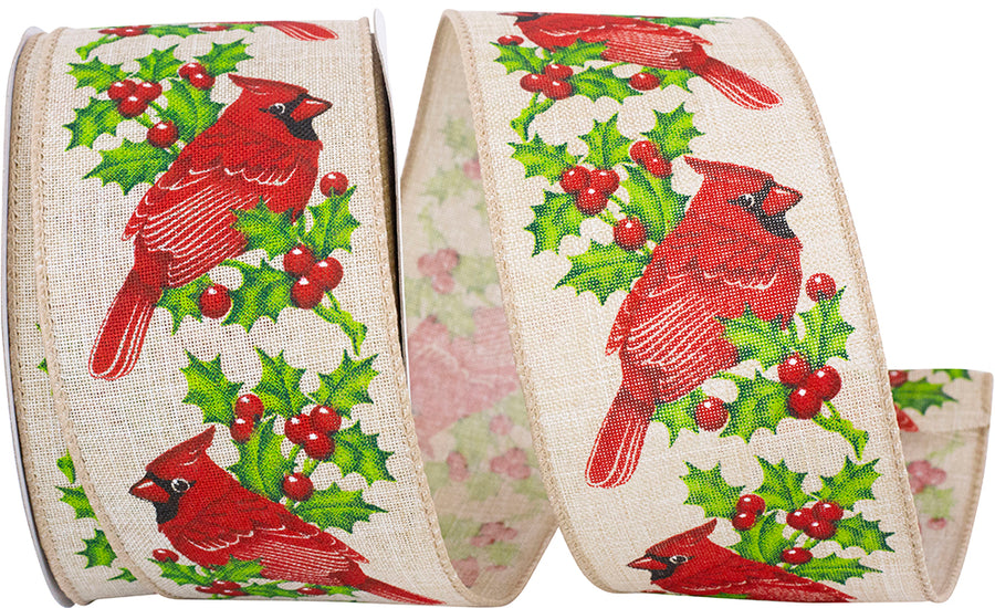 Natural 2-1 2 Inch Cardinal Holly Natural Wired Edge Ribbon for Wreaths & Bows