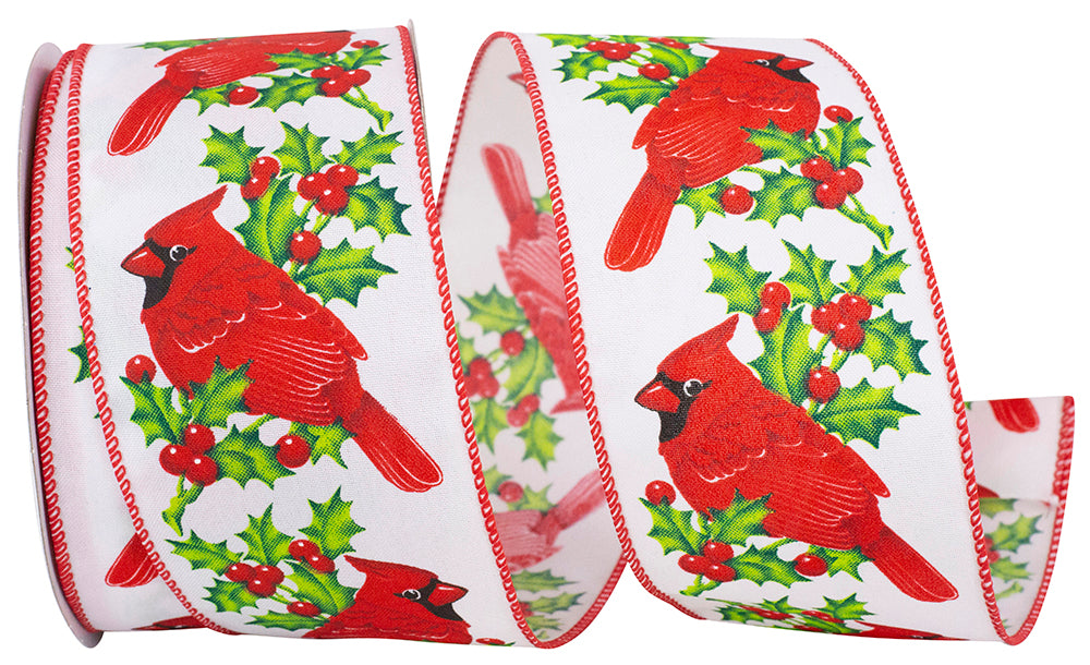 White 2-1 2 Inch Cardinal Holly Wired Edge Ribbon for Wreaths & Bows