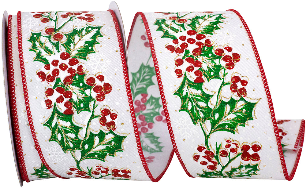 White 2-1 2 Inch Holly Snow Wired Edge Ribbon for Wreaths & Bows