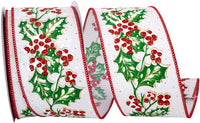 White 2-1 2 Inch Holly Snow Wired Edge Ribbon for Wreaths & Bows