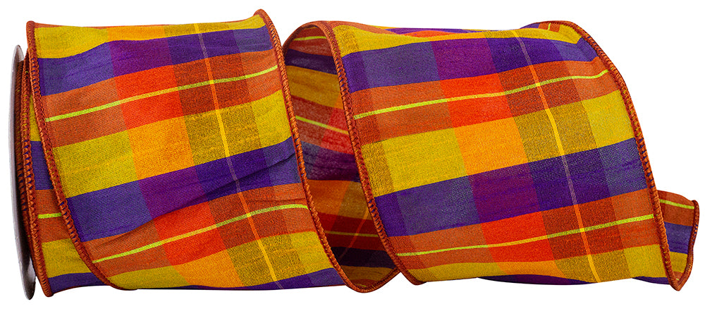 Charlotte Sunset Plaid Wired Edge Ribbon 4 Inch Orange Purple