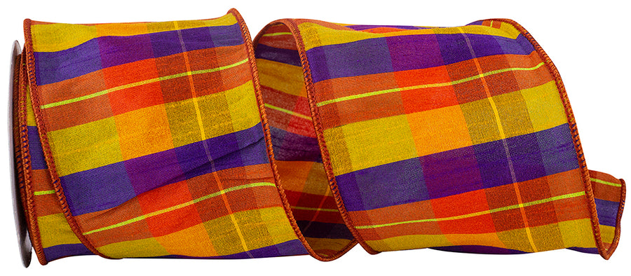 Charlotte Sunset Plaid Wired Edge Ribbon 4 Inch Orange Purple