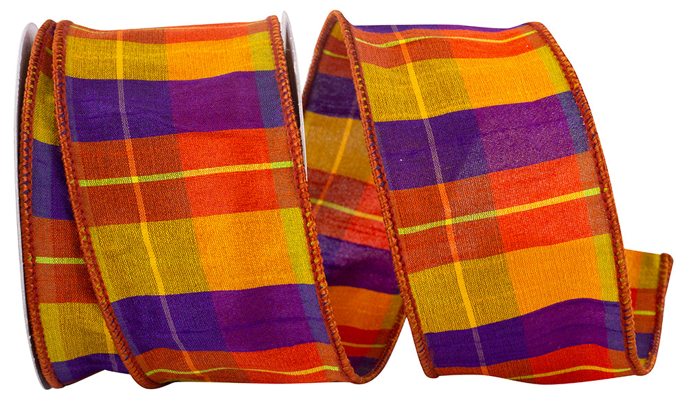 Charlotte Sunset Plaid Wired Edge Ribbon Orange Purple 2-1/2 Inch