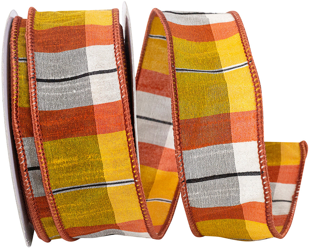 Cozumel Tierra Dupioni Plaid Ribbon Orange White 1-1/2 Inch