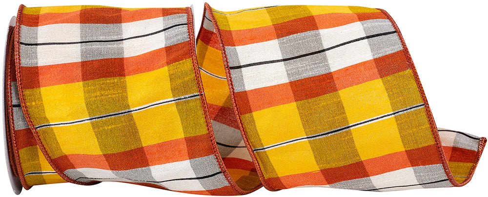 Cozumel Tierra 4 Inch Orange White Plaid Wired Edge Ribbon