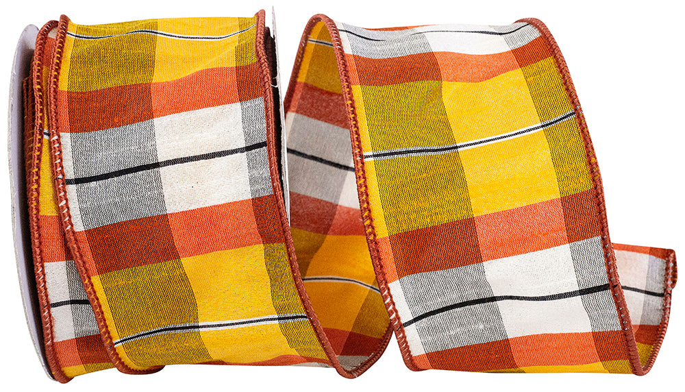 Cozumel Tierra Dupioni Plaid Ribbon 2-1/2 Inch Orange White