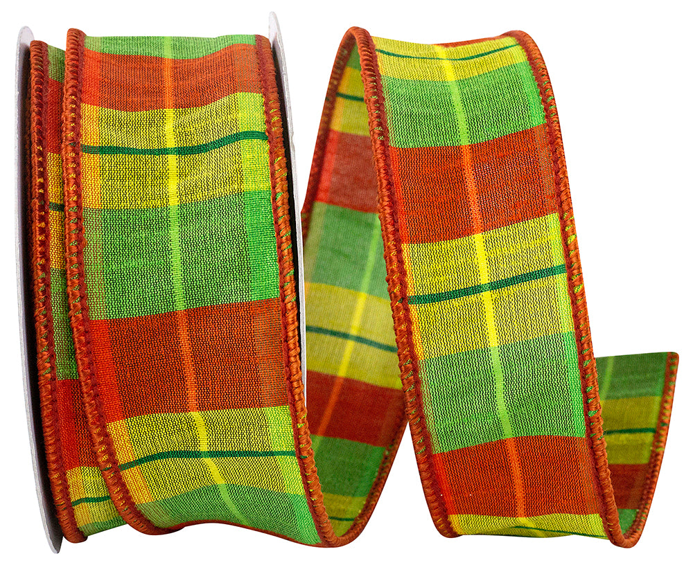 Madras Dupioni Plaid Wired Edge Ribbon Orange Lime 1-1/2 Inch