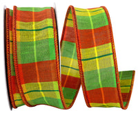 Madras Dupioni Plaid Wired Edge Ribbon Orange Lime 1-1/2 Inch