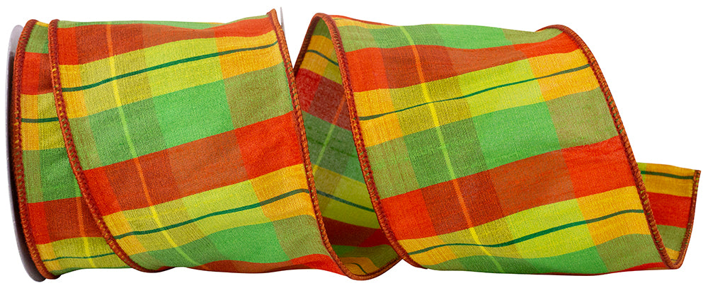 Madras Dupioni Plaid Wired Edge Ribbon Orange Lime 4 Inch