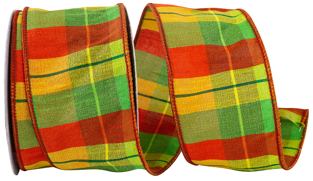 Madras Dupioni Plaid Wired Edge Ribbon Orange Lime 2-1/2 Inch