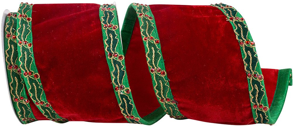 4 Inch Plush Velvet Holly Jeweled Ribbon Red Green