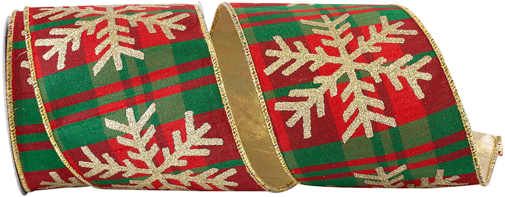 Snowflake Glitter Ribbon Red Green 4 Inch Wired Edge