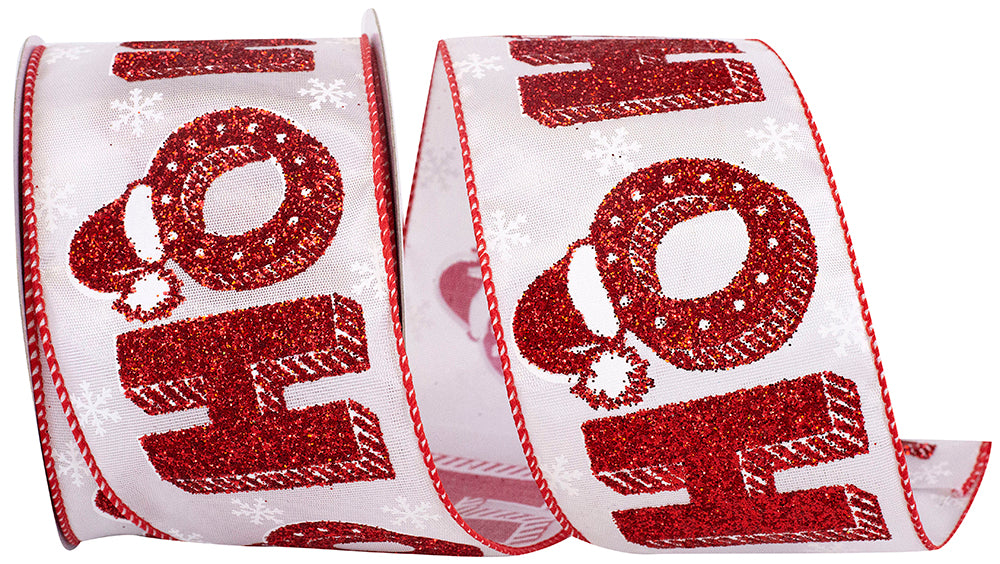 Ho Ho Glitter Marla Wired Edge Ribbon White Red 2-1/2 Inch