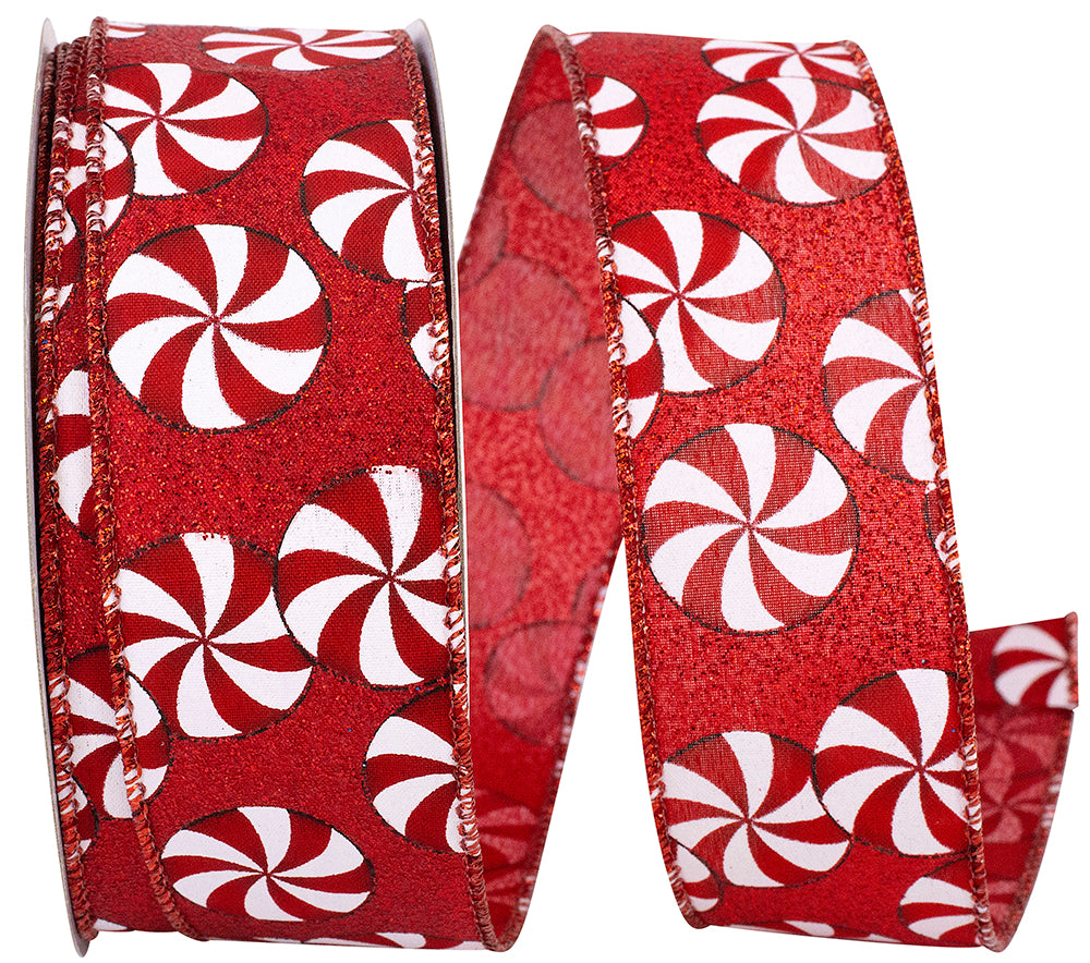 Peppermint Candy Glitter Red Wired Edge Ribbon 1-1/2 Inch