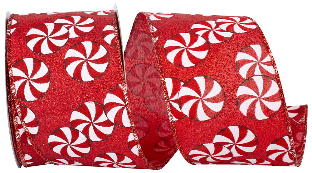 Peppermint Candy Glitter Red Wired Edge Ribbon 2-1/2 Inch