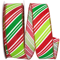 Diagonal Holiday Stripes Glitter Ribbon Red Green 1-1/2 Inch