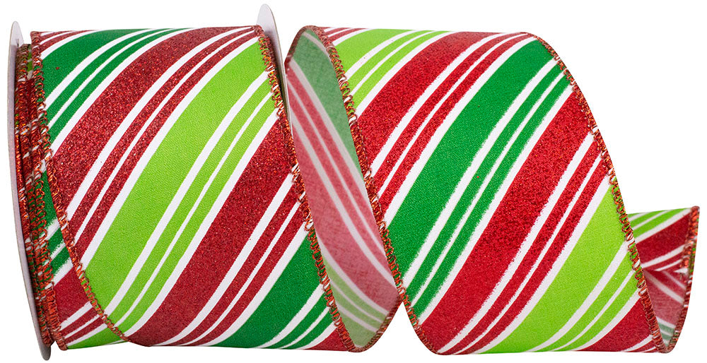 Diagonal Holiday Stripes Glitter Wired Edge Ribbon Red Green 2-1/2 Inch