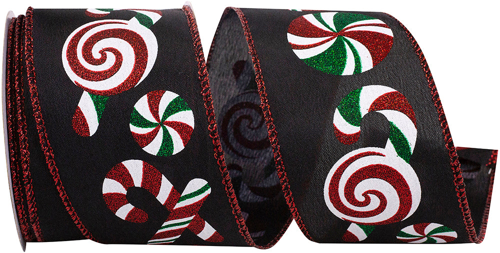 Black 2-1 2 Inch Peppermints And Candy Cane Sundry Linen Wired Edge Ribbon for Wreaths & Bows