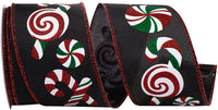 Black 2-1 2 Inch Peppermints And Candy Cane Sundry Linen Wired Edge Ribbon for Wreaths & Bows