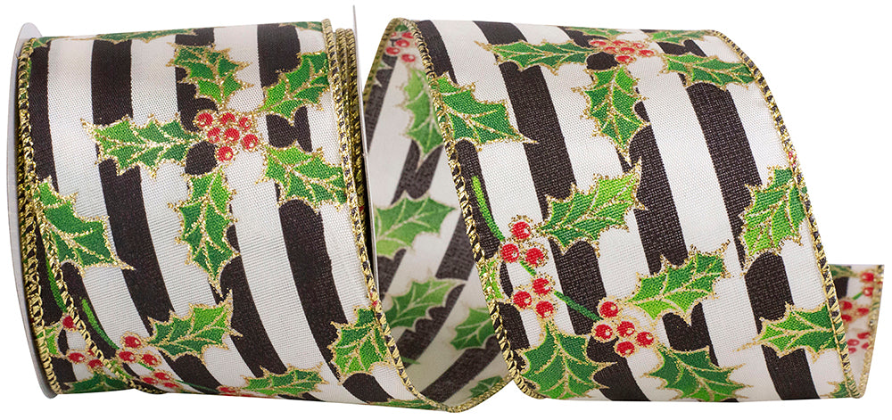 Holly Tuxedo Stripe Glitter Ribbon Cream Black 2-1/2 Inch
