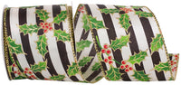 Holly Tuxedo Stripe Glitter Ribbon Cream Black 2-1/2 Inch
