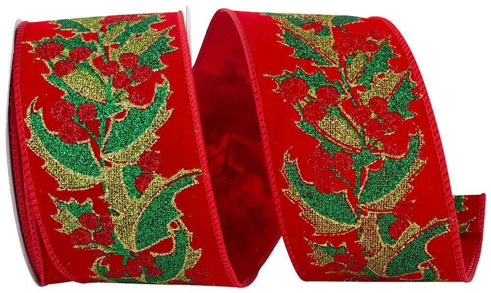 Holly Glitter Velvet Wired Edge Ribbon Red Green 2-1/2 Inch
