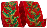 Holly Glitter Velvet Wired Edge Ribbon Red Green 2-1/2 Inch