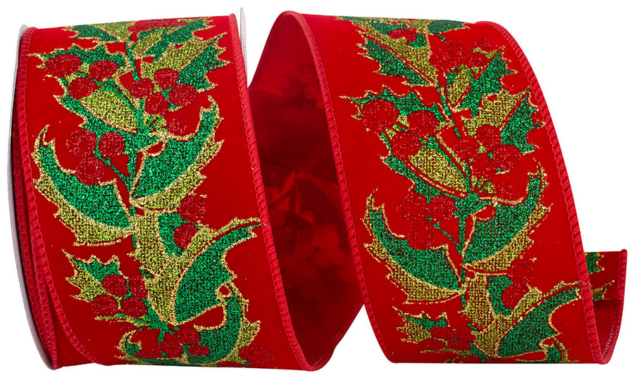 Holly Glitter Velvet Wired Edge Ribbon Red Green 2-1/2 Inch