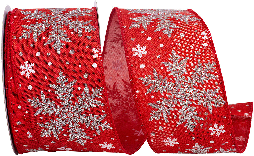 Red Silver 2-1 2 Inch Snowflake Sundry Linen Wired Edge Ribbon for Wreaths & Bows