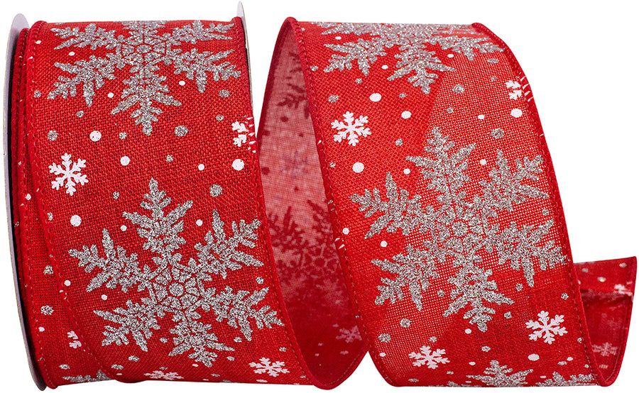 Red Silver 2-1 2 Inch Snowflake Sundry Linen Wired Edge Ribbon for Wreaths & Bows