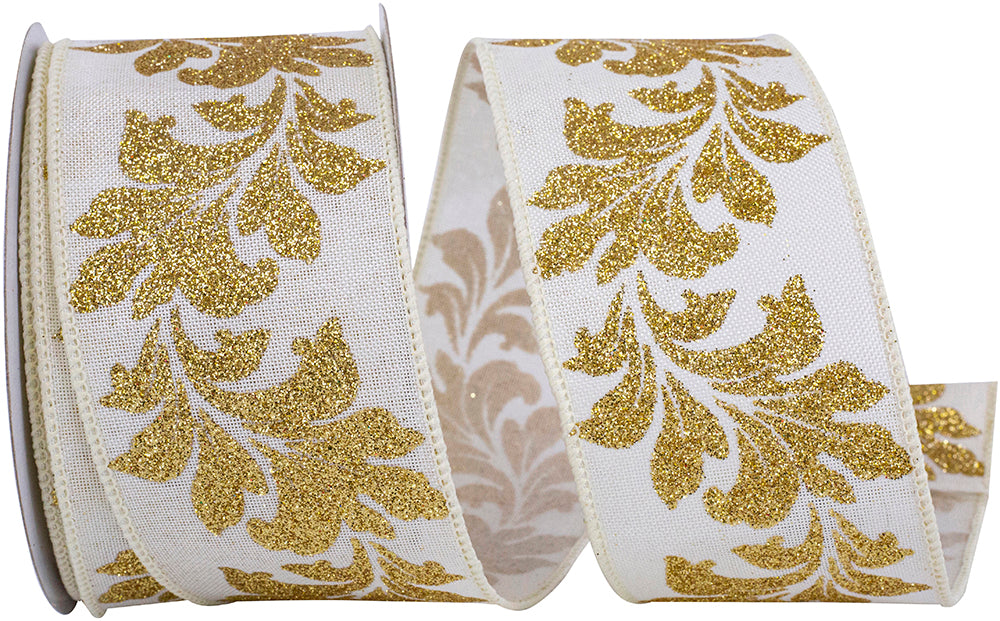 Filigree Glitter Linen Ribbon 2-1/2 Inch Ivory Gold