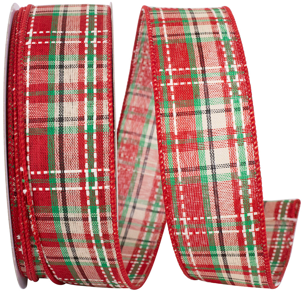 Plaid Tradition Wired Edge Ribbon Red Green 1-1/2 Inch