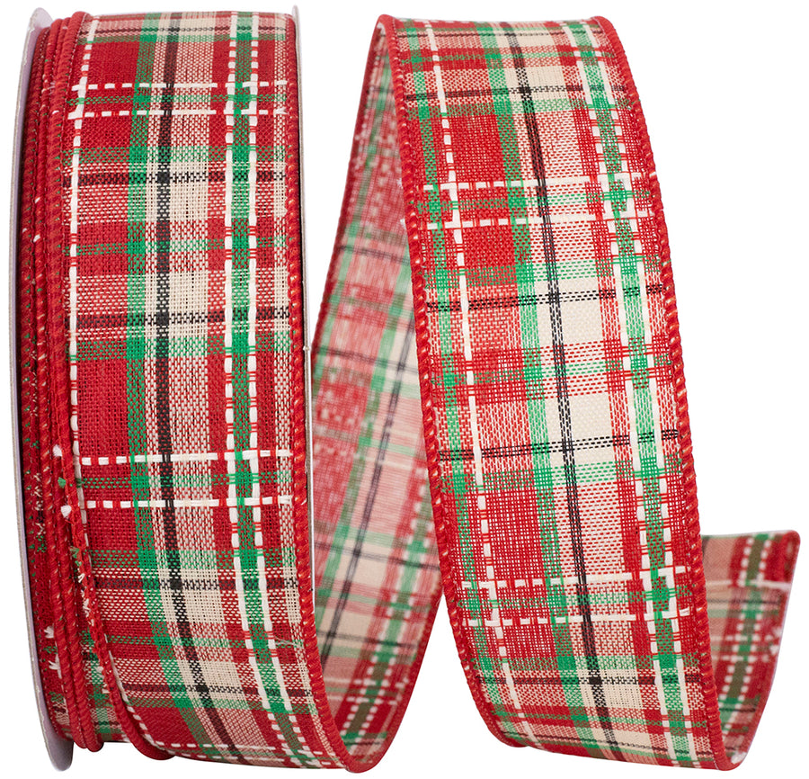 Plaid Tradition Wired Edge Ribbon Red Green 1-1/2 Inch
