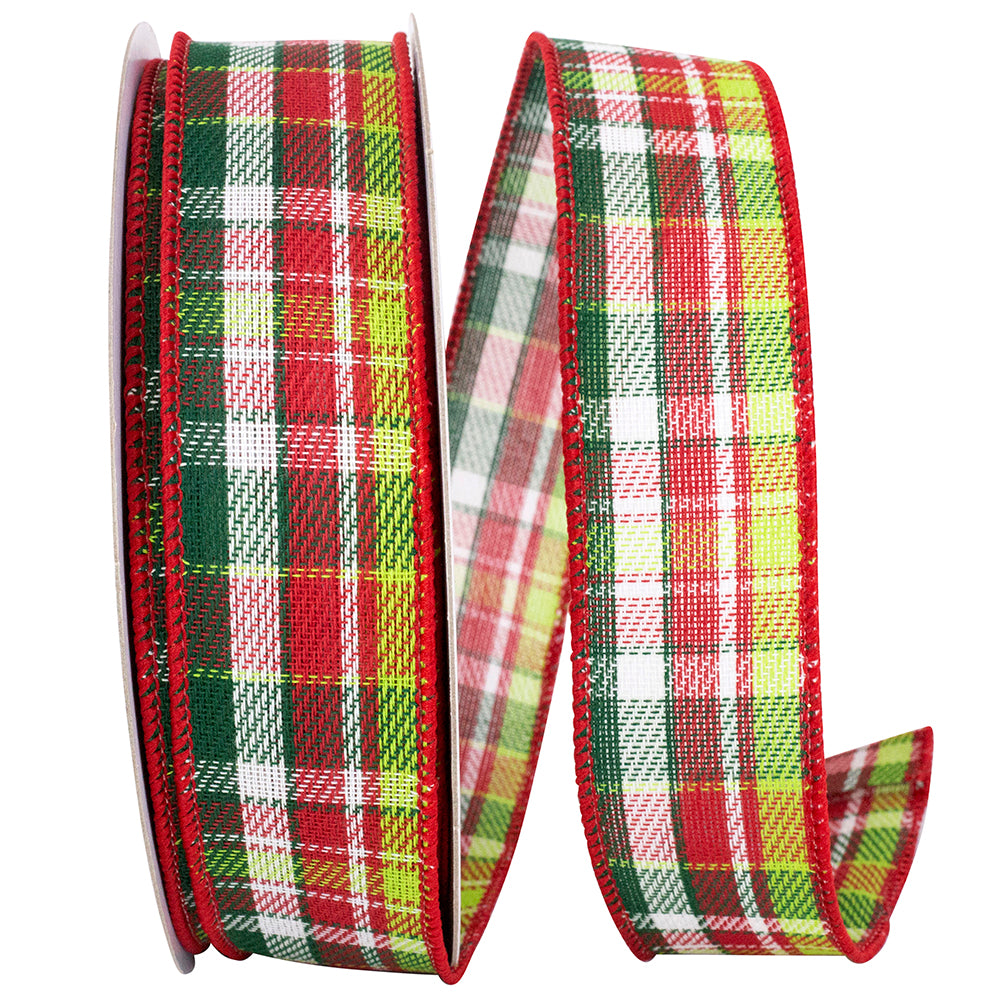 Plaid Twill Wired Edge Ribbon Red Green 1-1/2 Inch 20 Yards